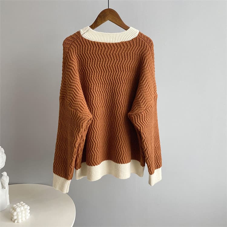 ネイビーコーデ 花柄プリントニットセータートップス ゆったりカジュアル