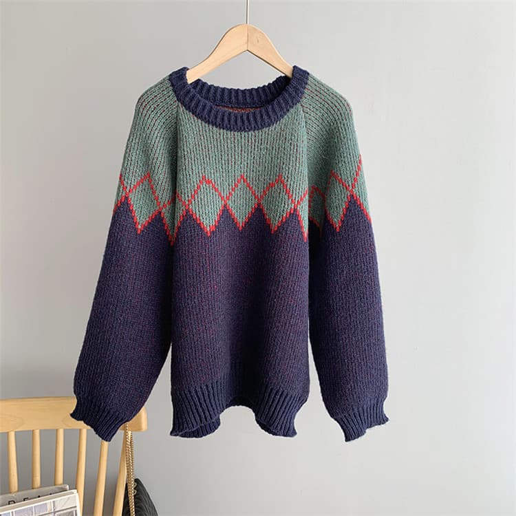 ネイビーコーデ 幾何学模様ニットセーター レトロ風トップス