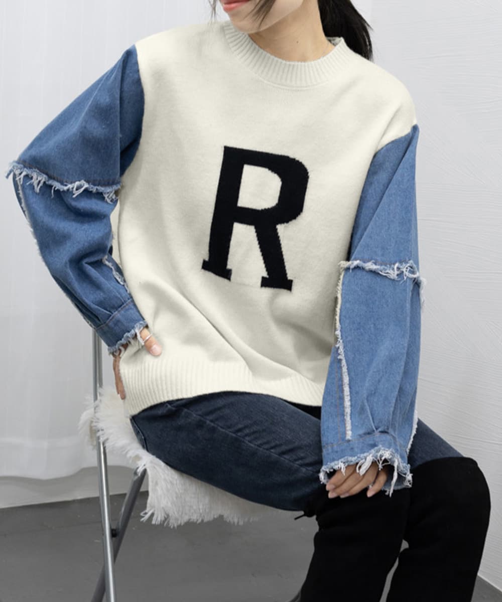 ネイビーコーデ 重ね着風ニットトップス デニム袖切り替えプルオーバー