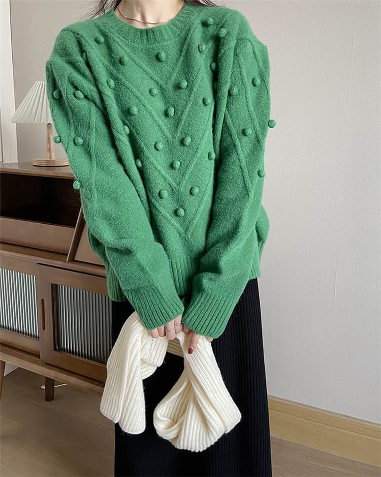 ネイビーコーデ 冬の暖かい厚手立体パール装飾トップス長袖ニット