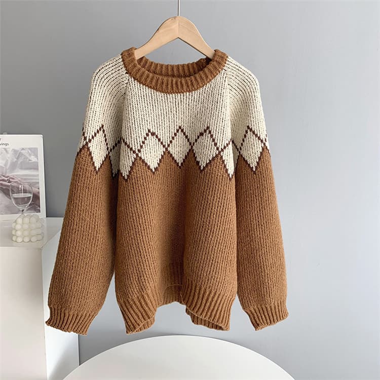 ネイビーコーデ 幾何学模様ニットセーター レトロ風トップス