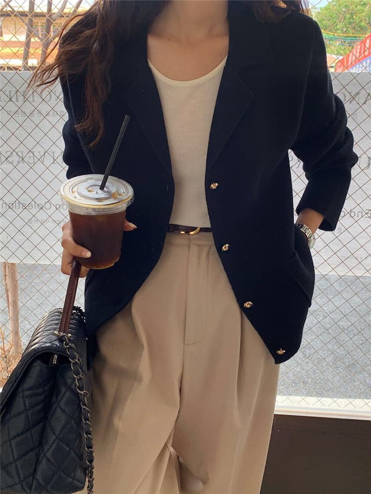 ネイビーコーデ レトロ風ニットアウター エレガントカーディガンコート