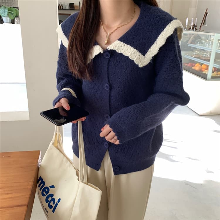 ネイビーコーデ 体型カバー襟付き暖かニットトップス可愛いセーター