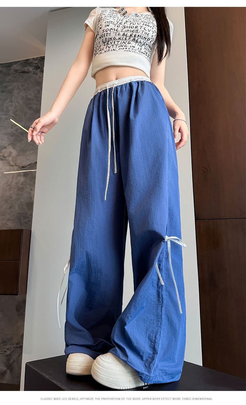 ネイビーコーデ リボンデザイン ワイドストレートパンツ
