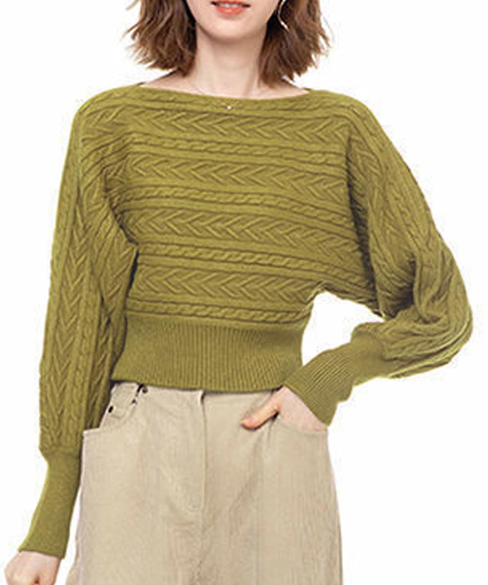 ネイビーコーデ ケーブル編みドルマンスリーブトップス