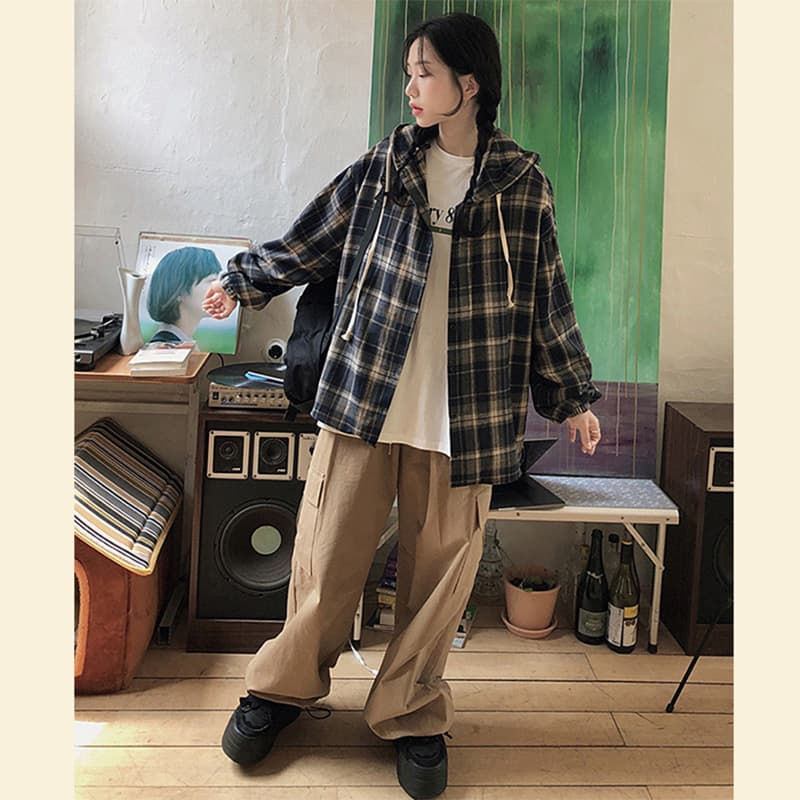 ネイビーコーデ チェック柄フード付きシャツジャケット