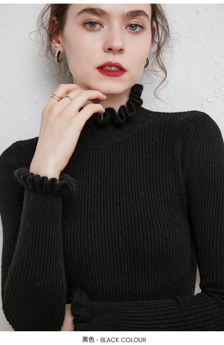 ネイビーコーデ フリル襟リブニットプルオーバー