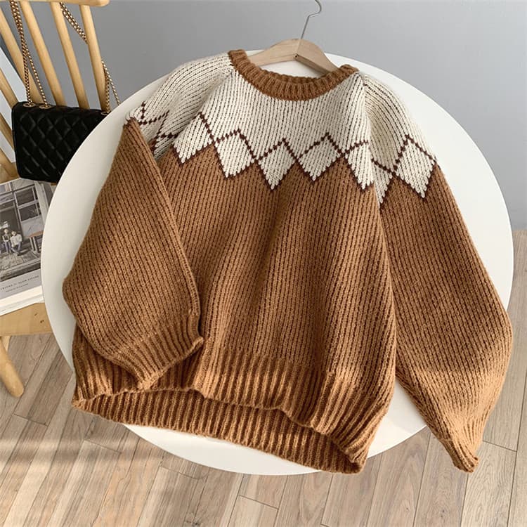 ネイビーコーデ 幾何学模様ニットセーター レトロ風トップス