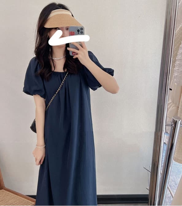 ネイビーコーデ レディース 紺色シャツワンピース ロング丈ドレス パフ袖