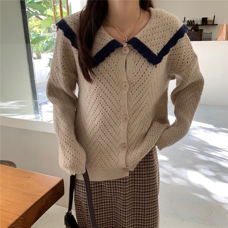 ネイビーコーデ 体型カバー襟付き暖かニットトップス可愛いセーター