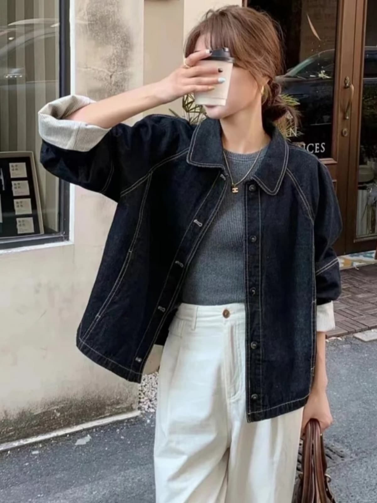 ネイビーコーデ コントラスト切替デニムジャケット