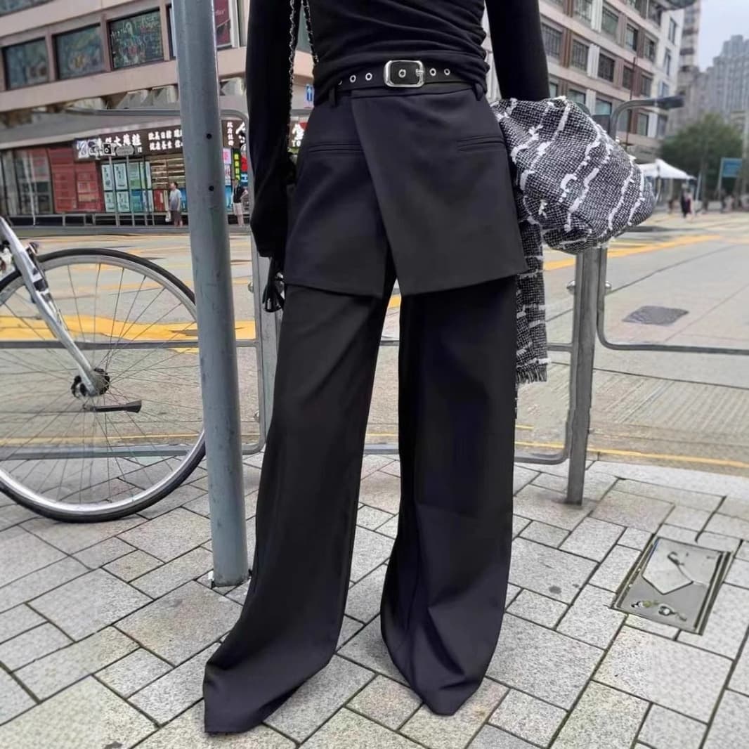 ネイビーコーデ ハイウエストスラックス風ワイドパンツ