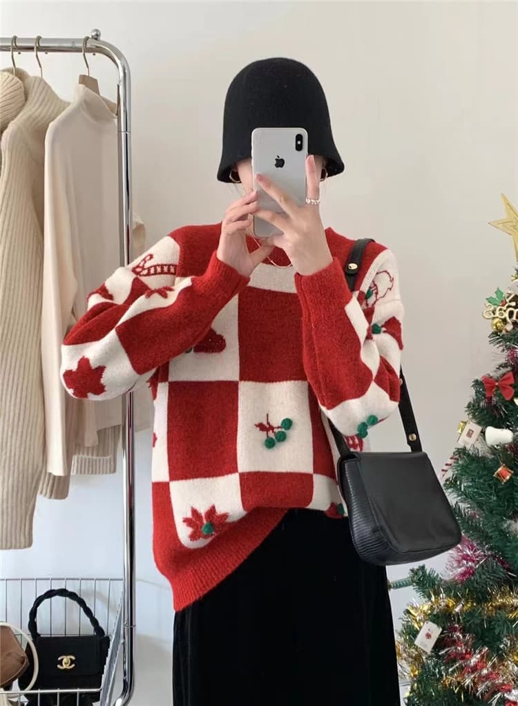 ネイビーコーデ クリスマス柄ニットセーター 長袖ゆったりトップス