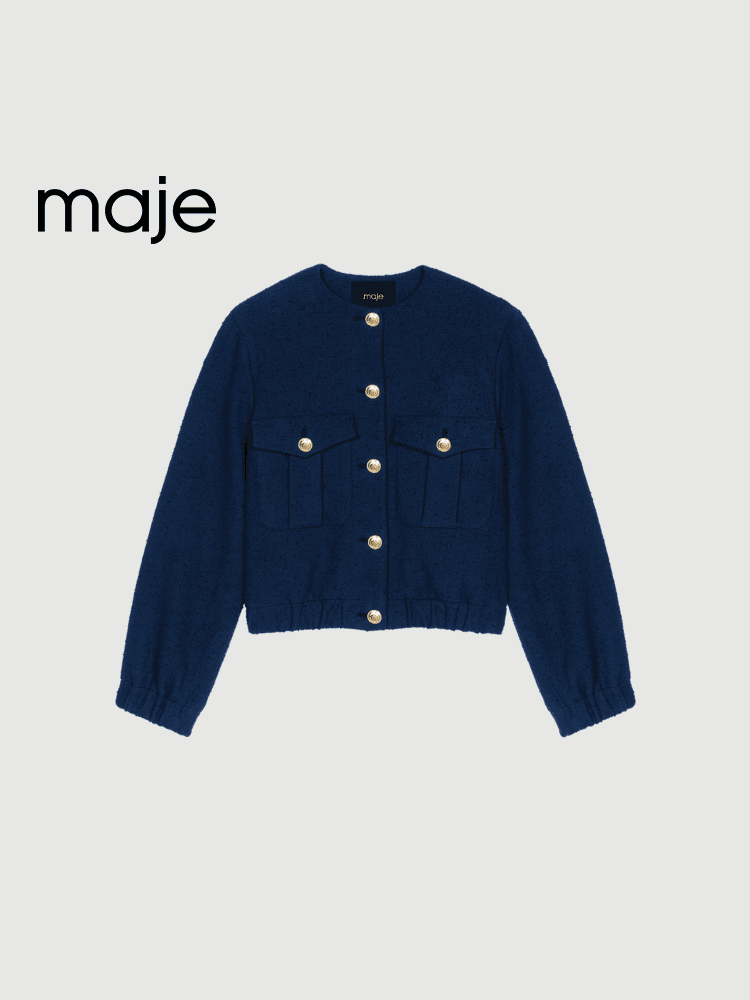 ネイビーコーデ フロントボタンラウンドネックジャケット