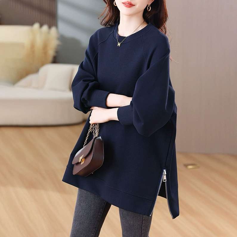 ネイビーコーデ サイドジップ ボリューム袖 トレーナー