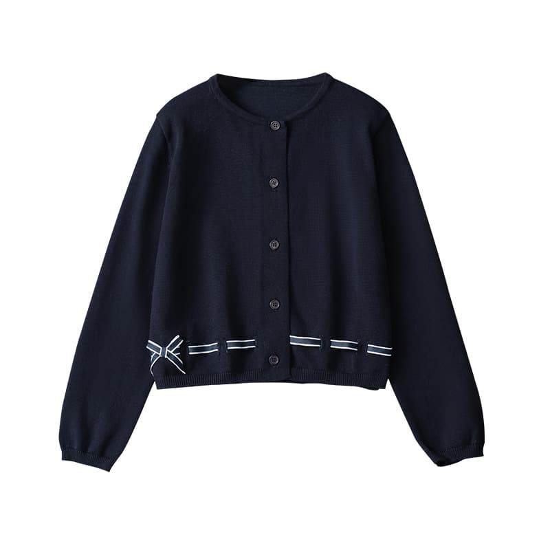 ネイビーコーデ リボン飾り付きニットカーディガン