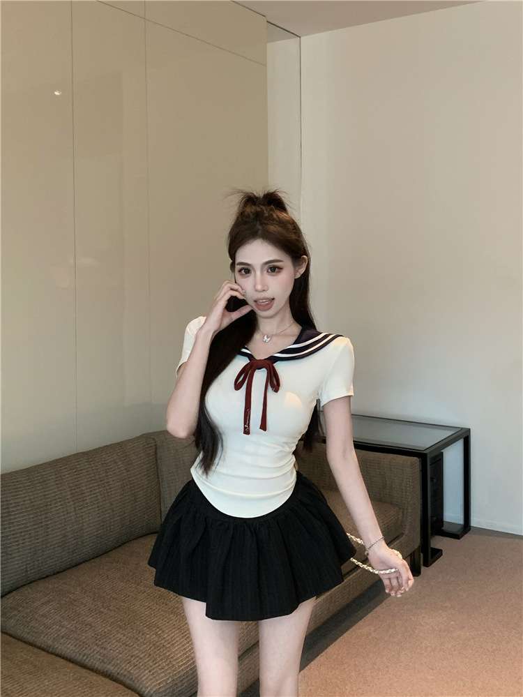 ネイビーコーデ マリン風リボン セーラー服制服 セットアップ