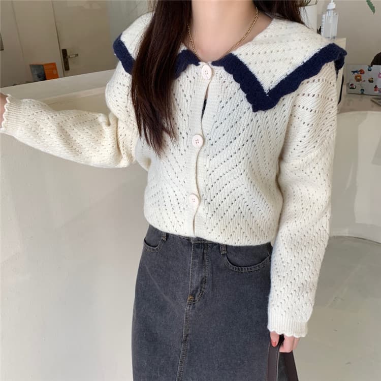 ネイビーコーデ 体型カバー襟付き暖かニットトップス可愛いセーター