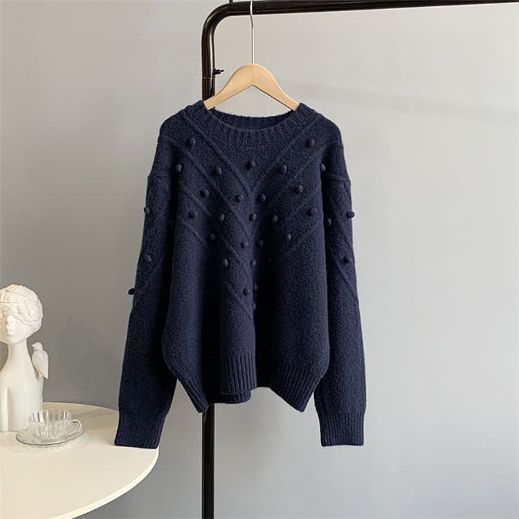 ネイビーコーデ 冬の暖かい厚手立体パール装飾トップス長袖ニット