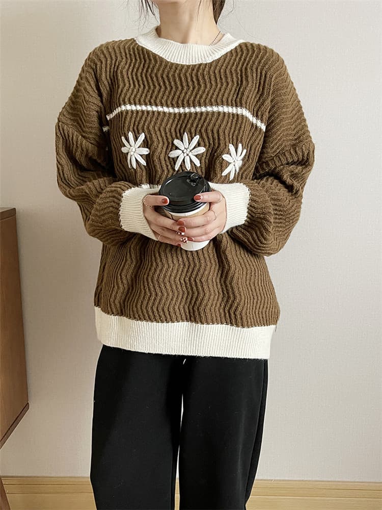 ネイビーコーデ 花柄プリントニットセータートップス ゆったりカジュアル