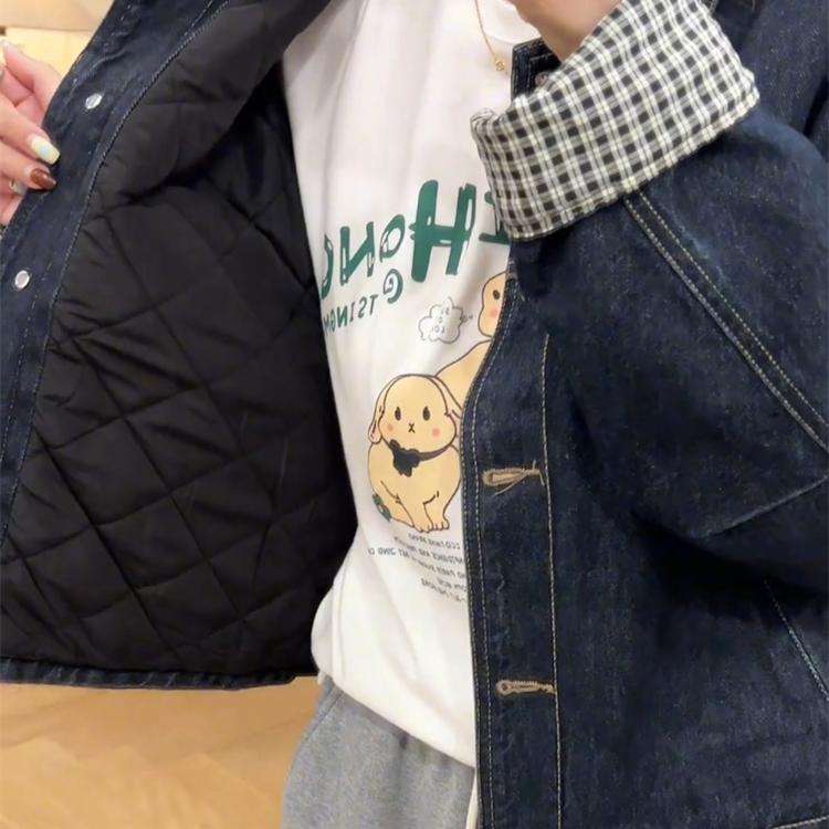 ネイビーコーデ チェック柄切替デニムジャケット