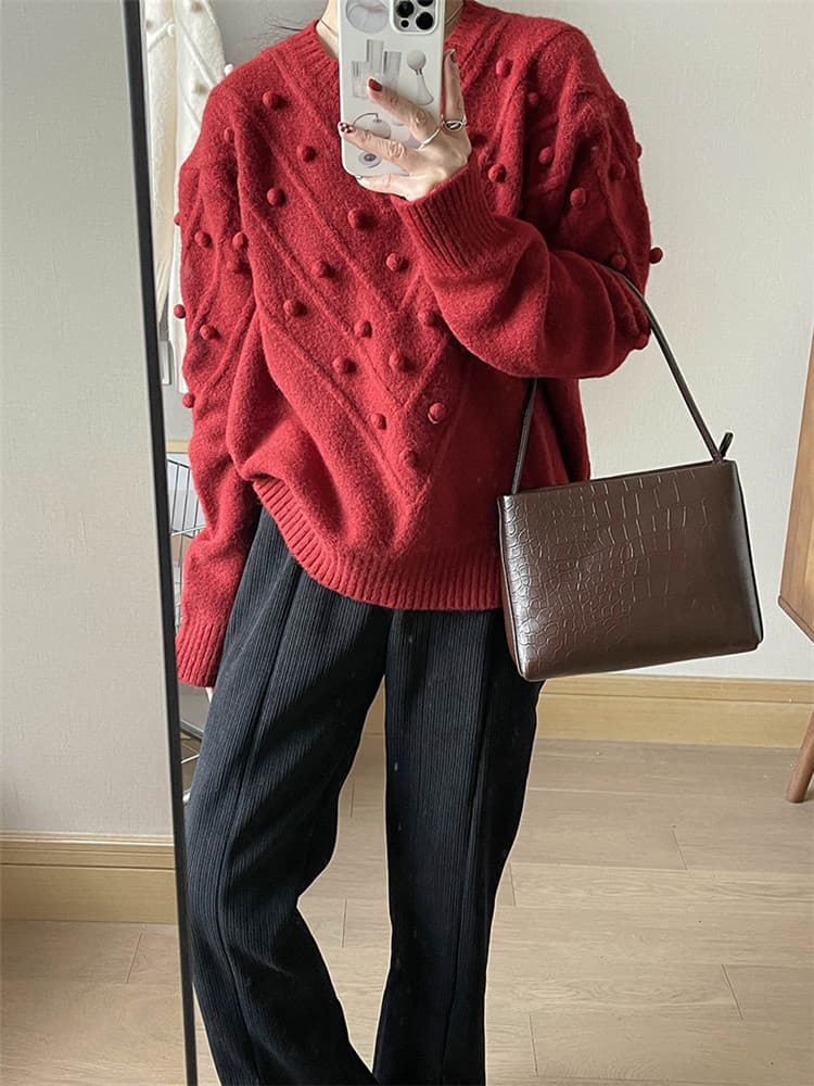 ネイビーコーデ 冬の暖かい厚手立体パール装飾トップス長袖ニット