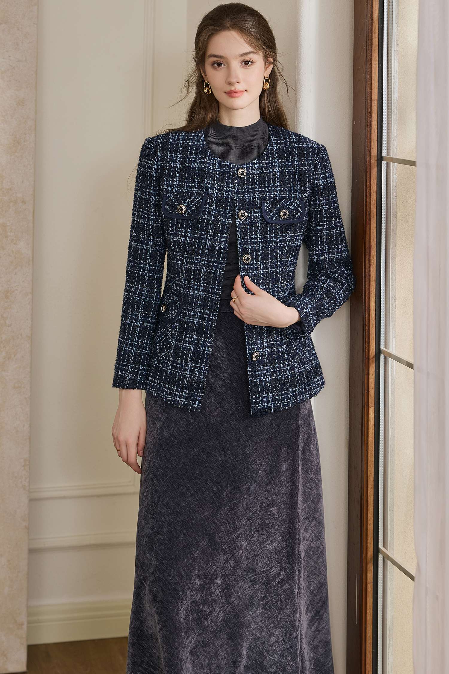 ネイビーコーデ ツイード編み ノーカラージャケット