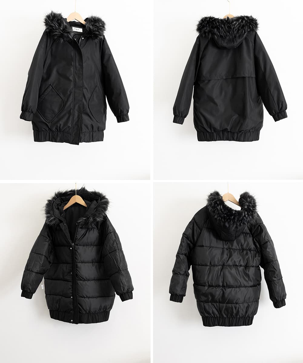 ネイビーコーデ 中綿ロングコートファー付きアウター防寒コート