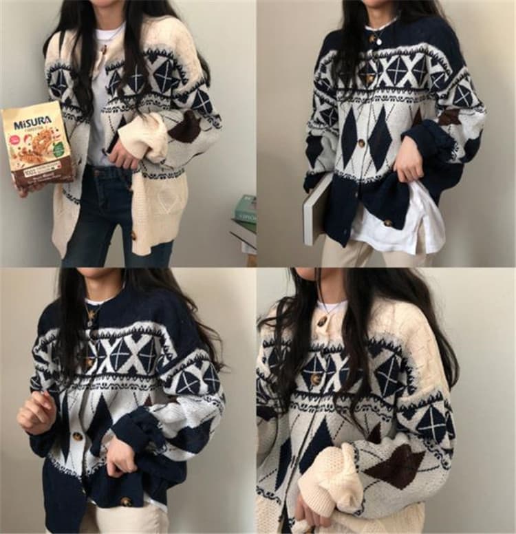ネイビーコーデ 大人可愛い幾何学模様ニットカーディガン トップス