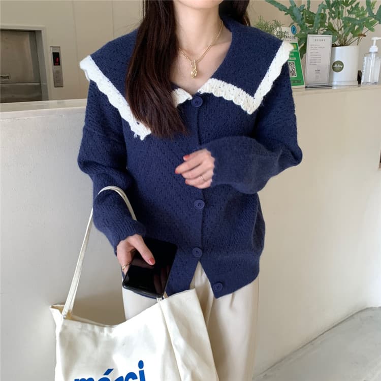 ネイビーコーデ 体型カバー襟付き暖かニットトップス可愛いセーター