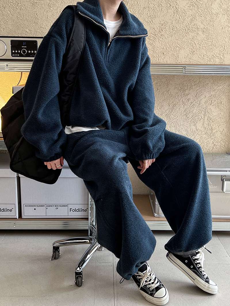 ネイビーコーデ もこもこボアルームウェア上下セット