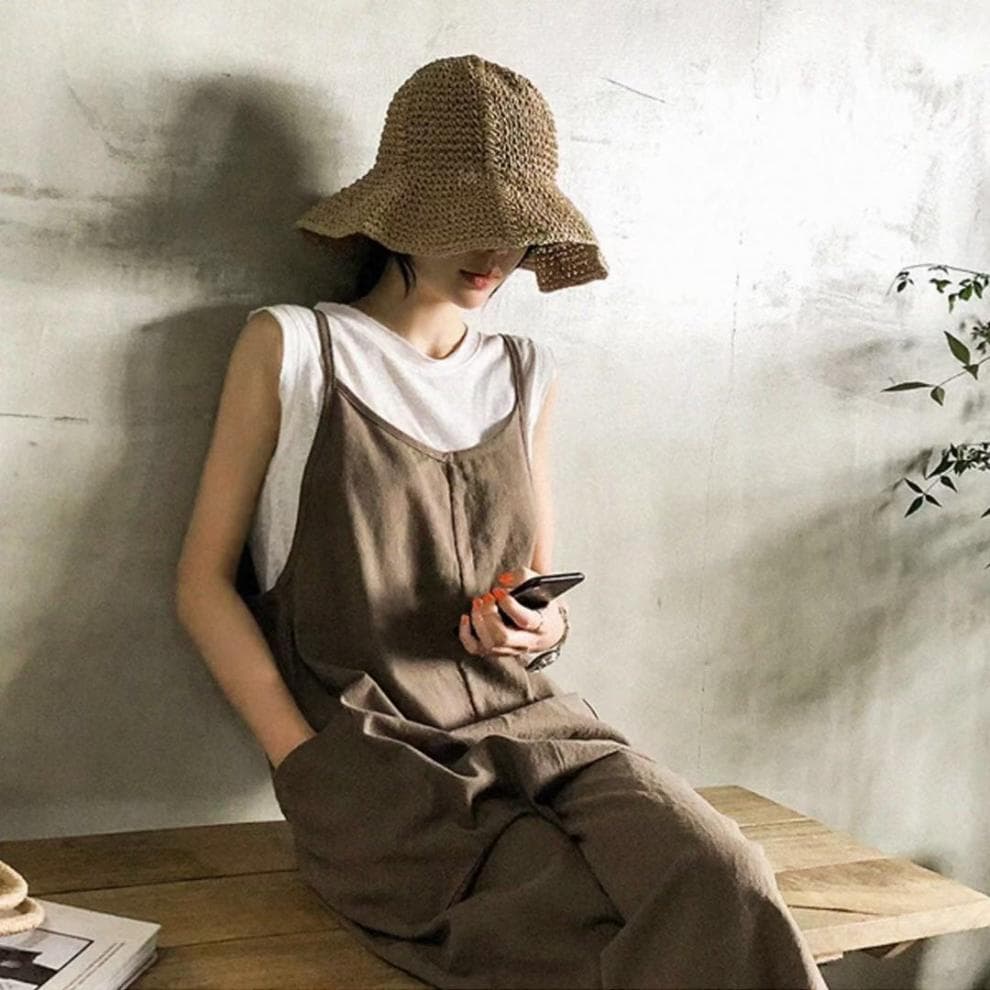 ネイビーコーデ シンプル大人ゆったりサロペット