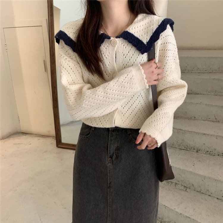 ネイビーコーデ 体型カバー襟付き暖かニットトップス可愛いセーター