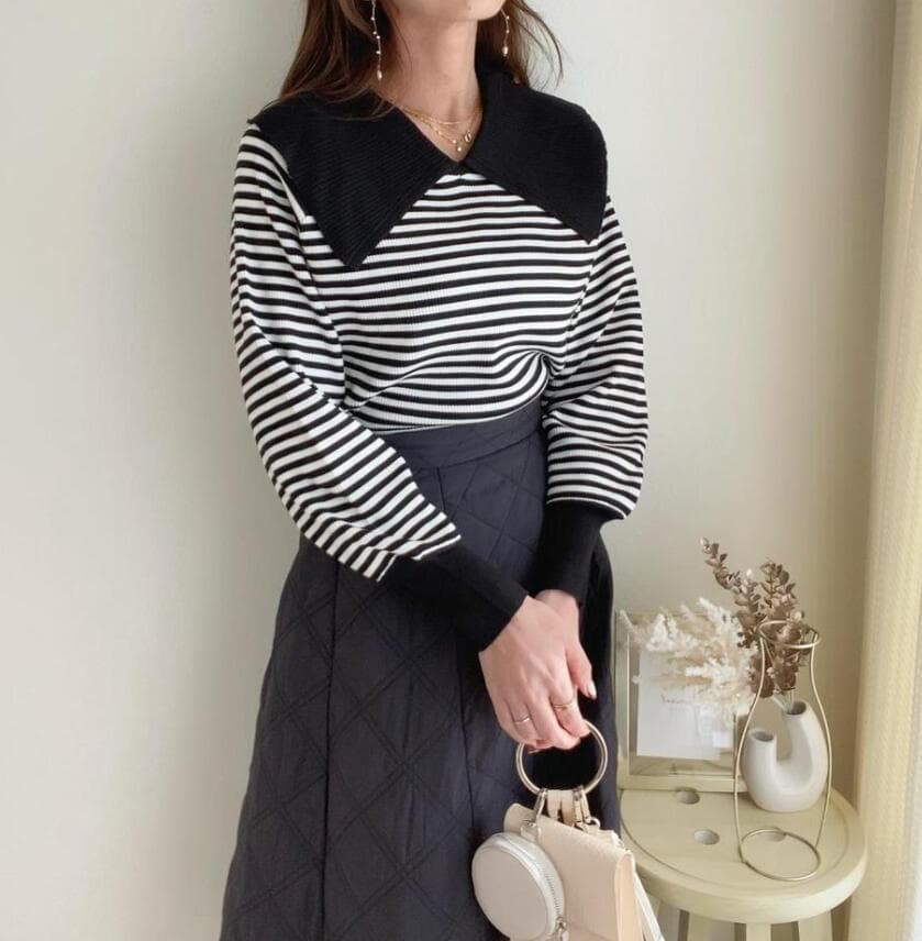 ネイビーコーデ ビッグカラーニットプルオーバー