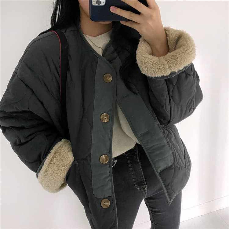 ネイビーコーデ 両面着用キルティングアウター ひし形柄ゆったりボアコート