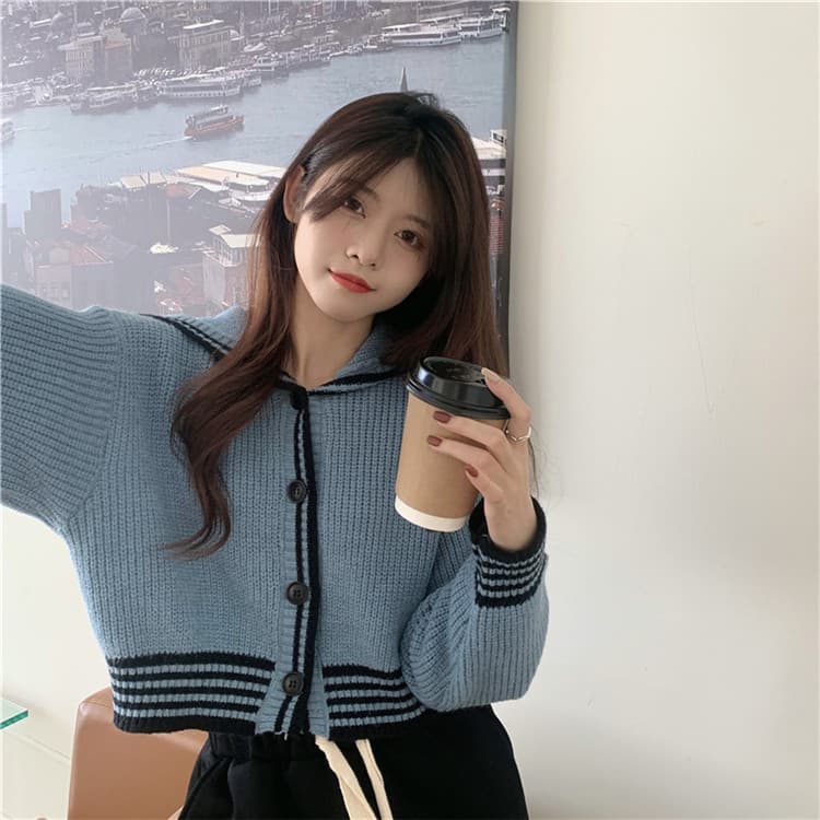 ネイビーコーデ 学院風ゆったりニットカーディガン トップス レディース