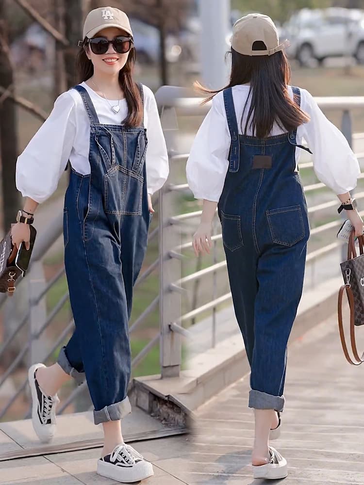 ネイビーコーデ ゆったりシルエットサロペットパンツ