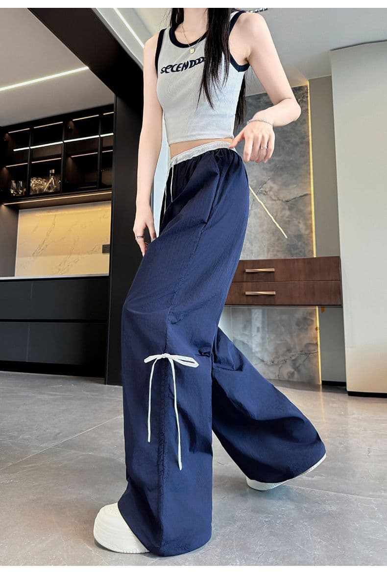 ネイビーコーデ リボンデザイン ワイドストレートパンツ