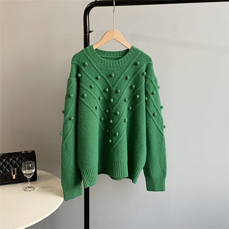 ネイビーコーデ 冬の暖かい厚手立体パール装飾トップス長袖ニット