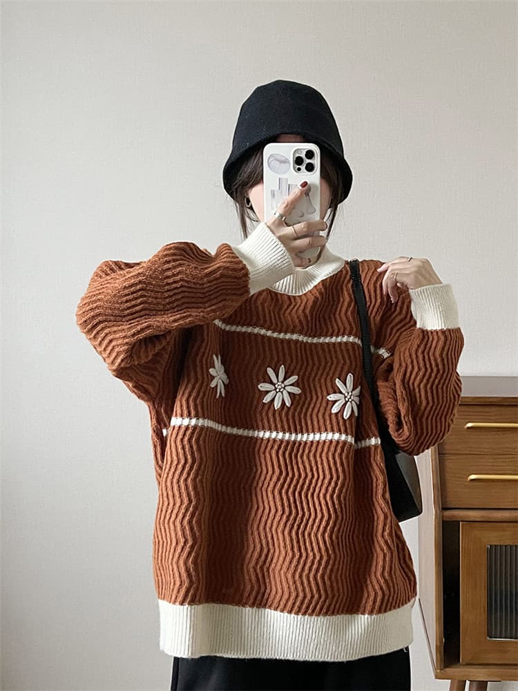 ネイビーコーデ 花柄プリントニットセータートップス ゆったりカジュアル