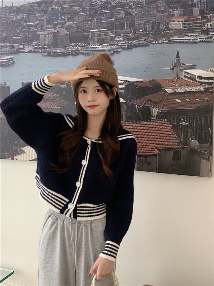 ネイビーコーデ 学院風ゆったりニットカーディガン トップス レディース