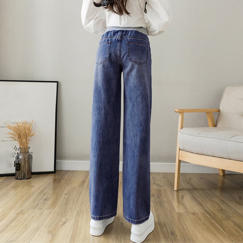 ネイビーコーデ 妊婦用デニムワイドパンツ 調節機能付マタニティパンツ