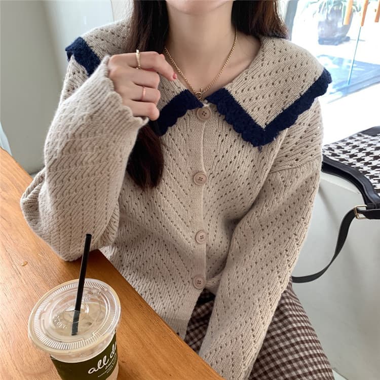 ネイビーコーデ 体型カバー襟付き暖かニットトップス可愛いセーター