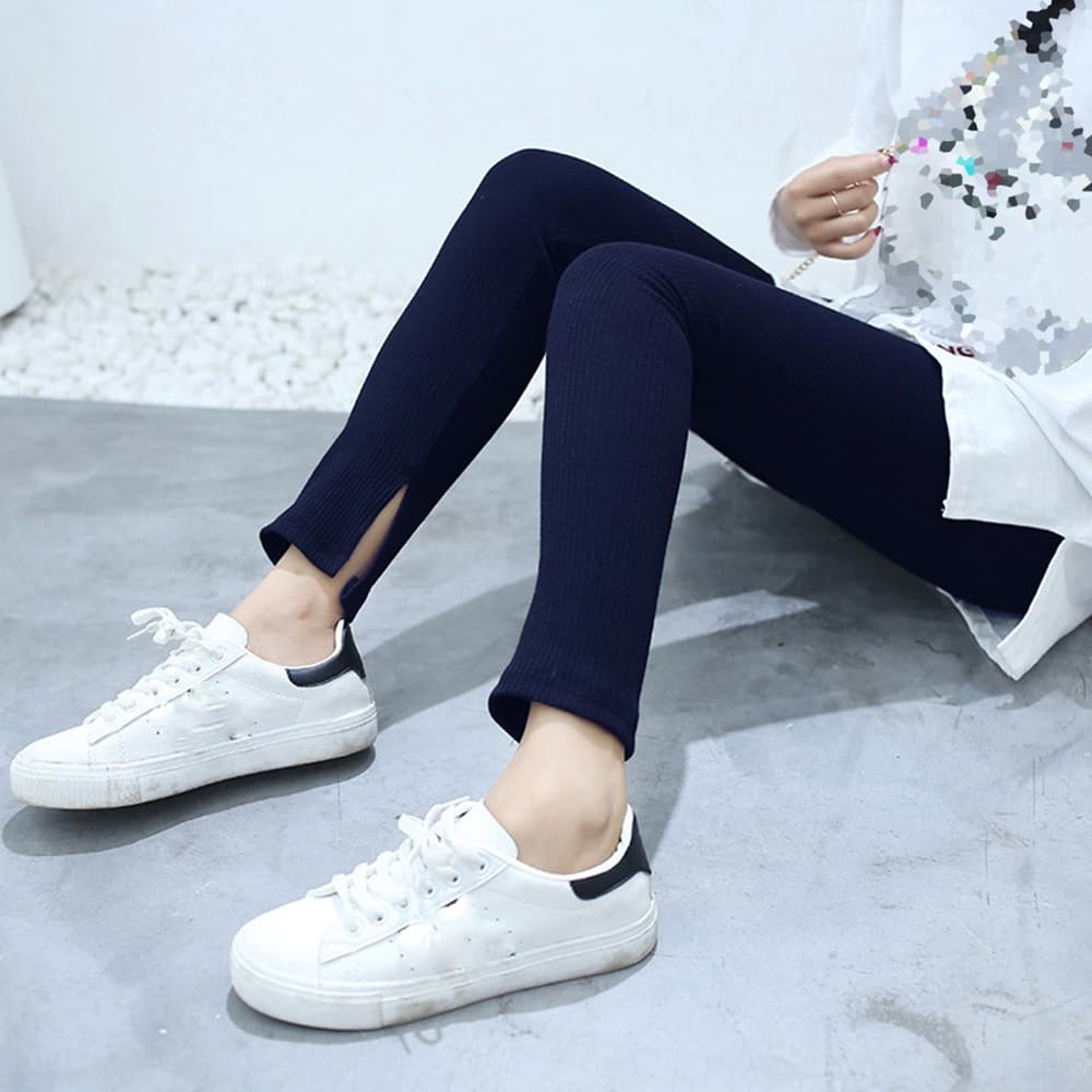 ネイビーコーデ サイドスリット リブレギンス パンツ 美脚 韓国風