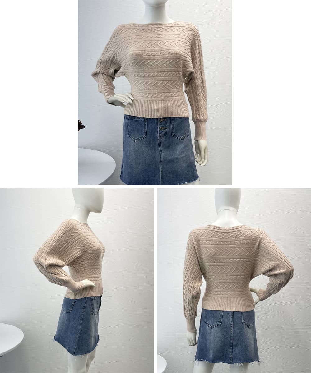 ネイビーコーデ ケーブル編みドルマンスリーブトップス