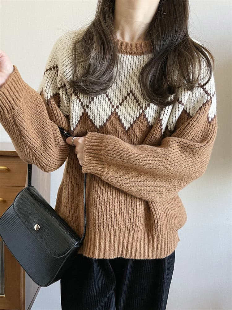 ネイビーコーデ 幾何学模様ニットセーター レトロ風トップス