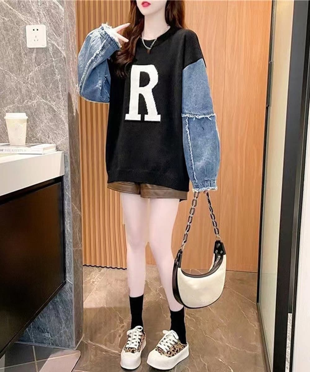 ネイビーコーデ 重ね着風ニットトップス デニム袖切り替えプルオーバー