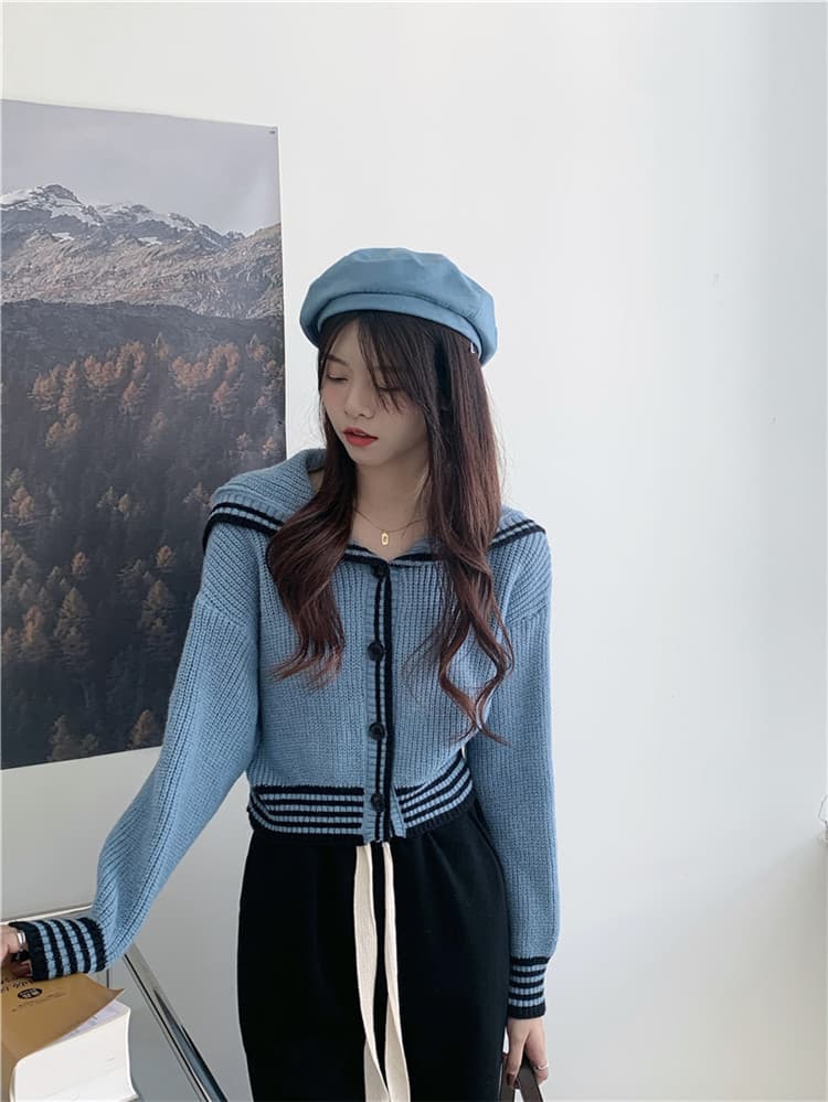 ネイビーコーデ 学院風ゆったりニットカーディガン トップス レディース