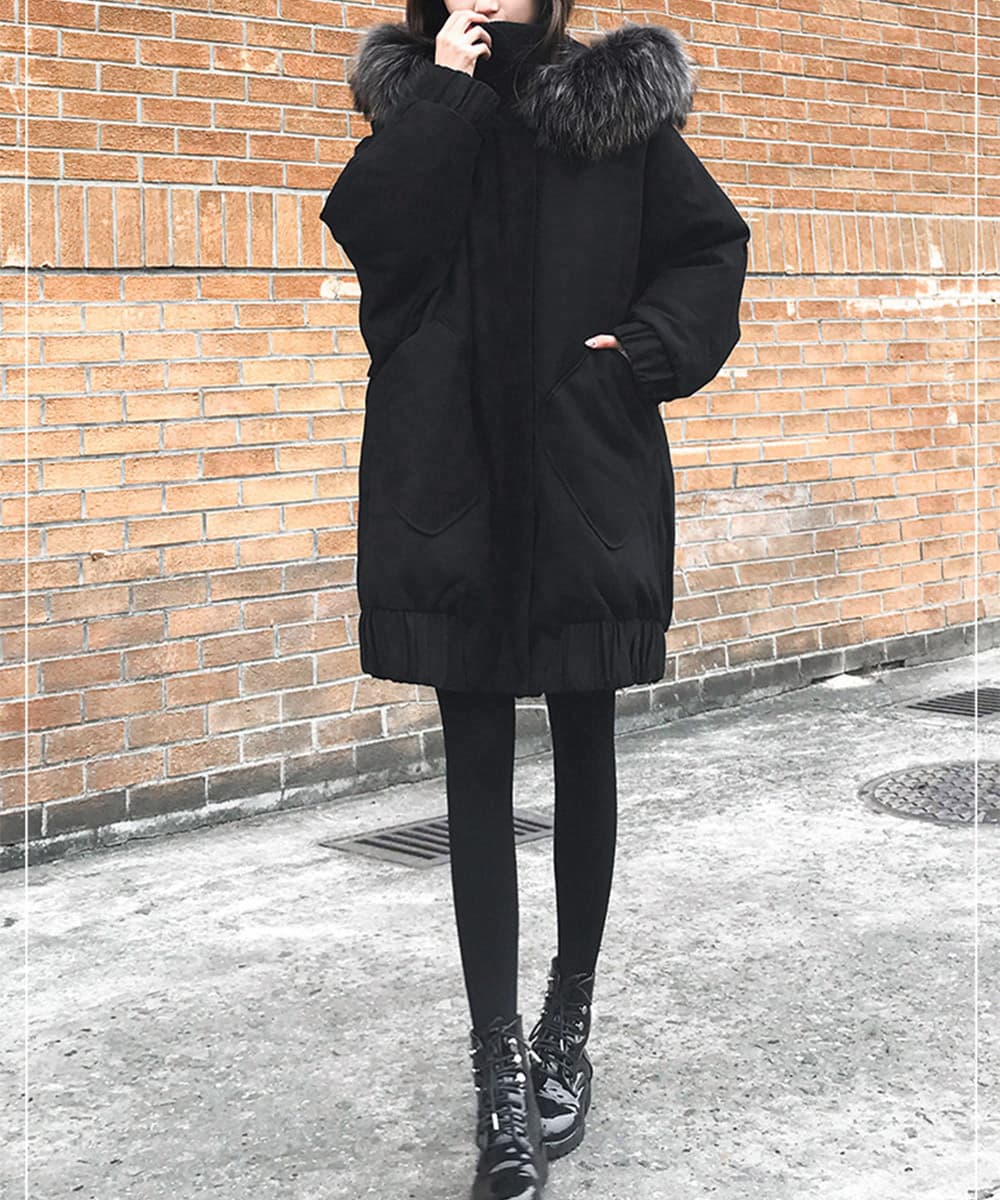 ネイビーコーデ 中綿ロングコートファー付きアウター防寒コート