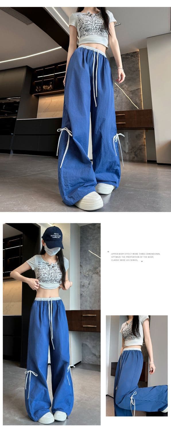 ネイビーコーデ リボンデザイン ワイドストレートパンツ